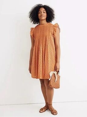 Madewell Eyelet Ruffle Sleeve Dress in Rust Size M